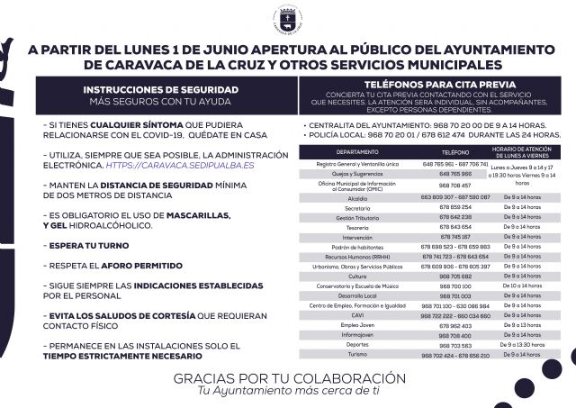 El Ayuntamiento de Caravaca retoma el próximo lunes la atención presencial de los servicios municipales, bajo normas de seguridad y prevención tanto para los vecinos como para los empleados públicos